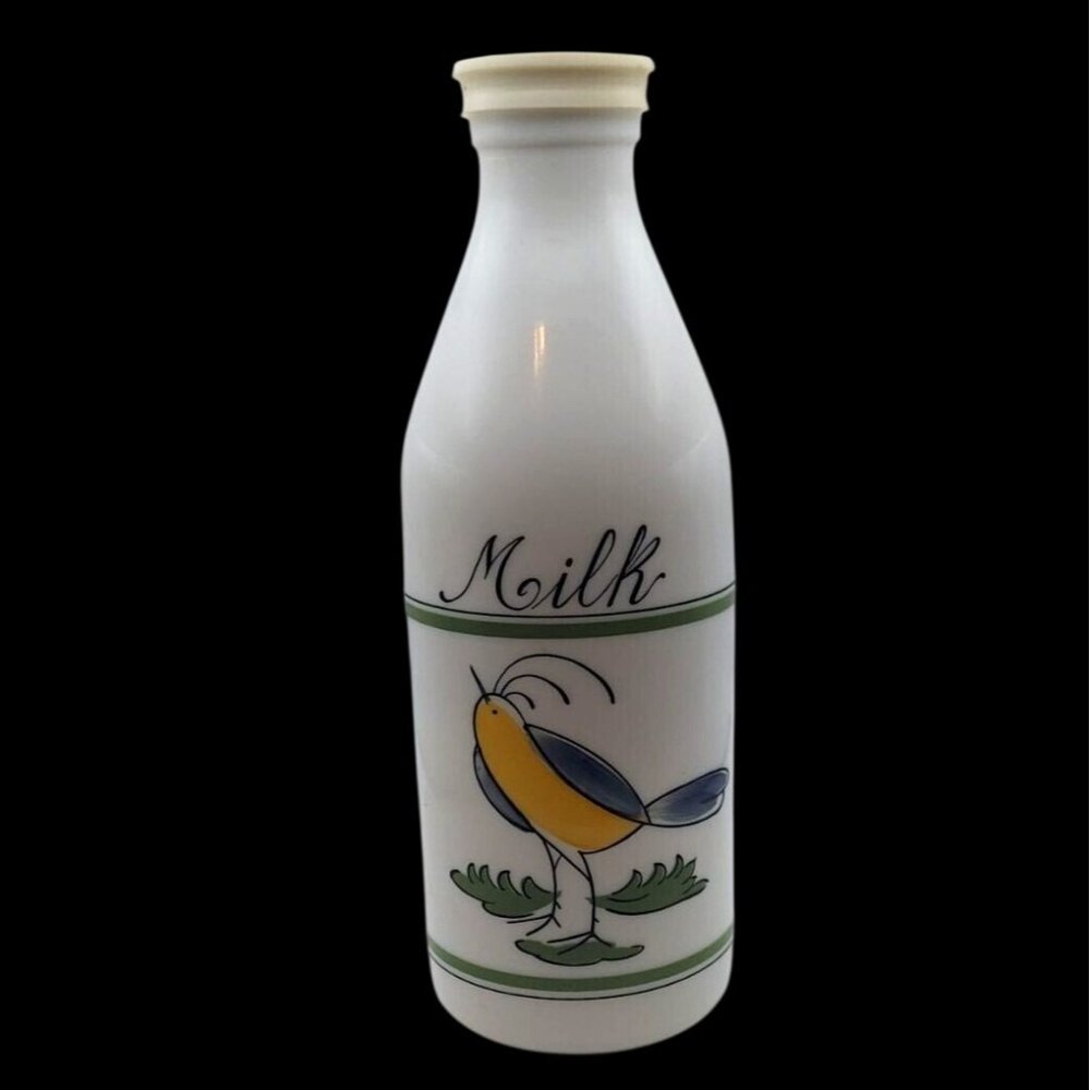 Vintage Egizia White Glass Milk Bottle Handpainted Bird Rubber Cap Italy